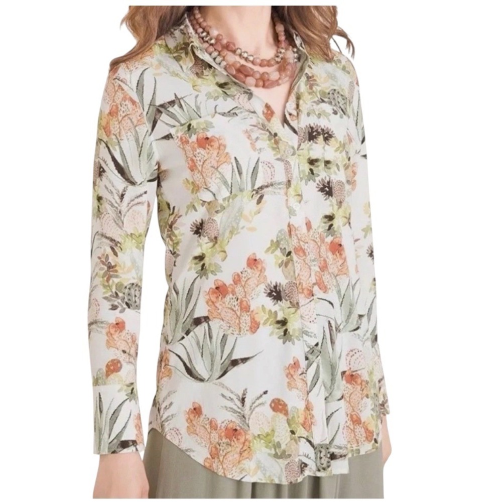 CHICO'S Button-Up Shirt Top DESERT FLOWERS CACTUS Modal Green Orange White 1/M